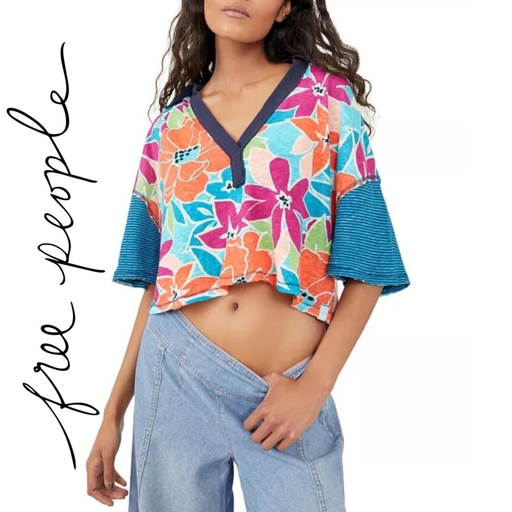 Nwt Free People On a Boat Cropped Boxy Polo in Coastal Floral Combo Size Medium​